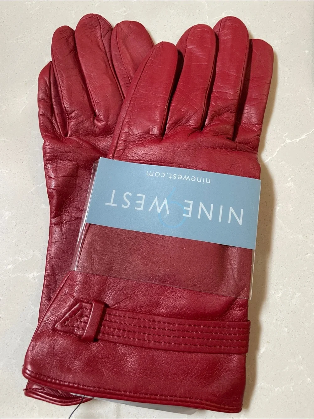 Nine West Red Leather Dress Gloves with Stitch Strap Detail